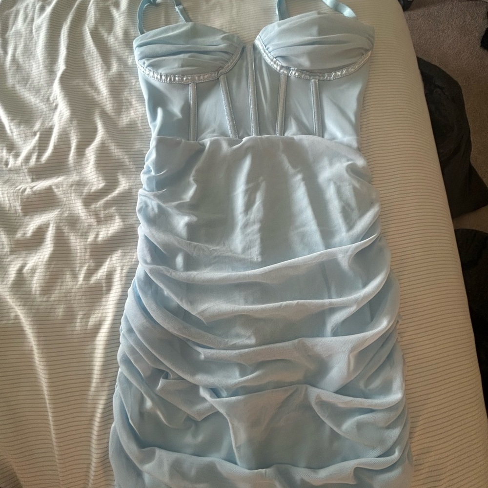 Elegant Light Blue Ruched Dress